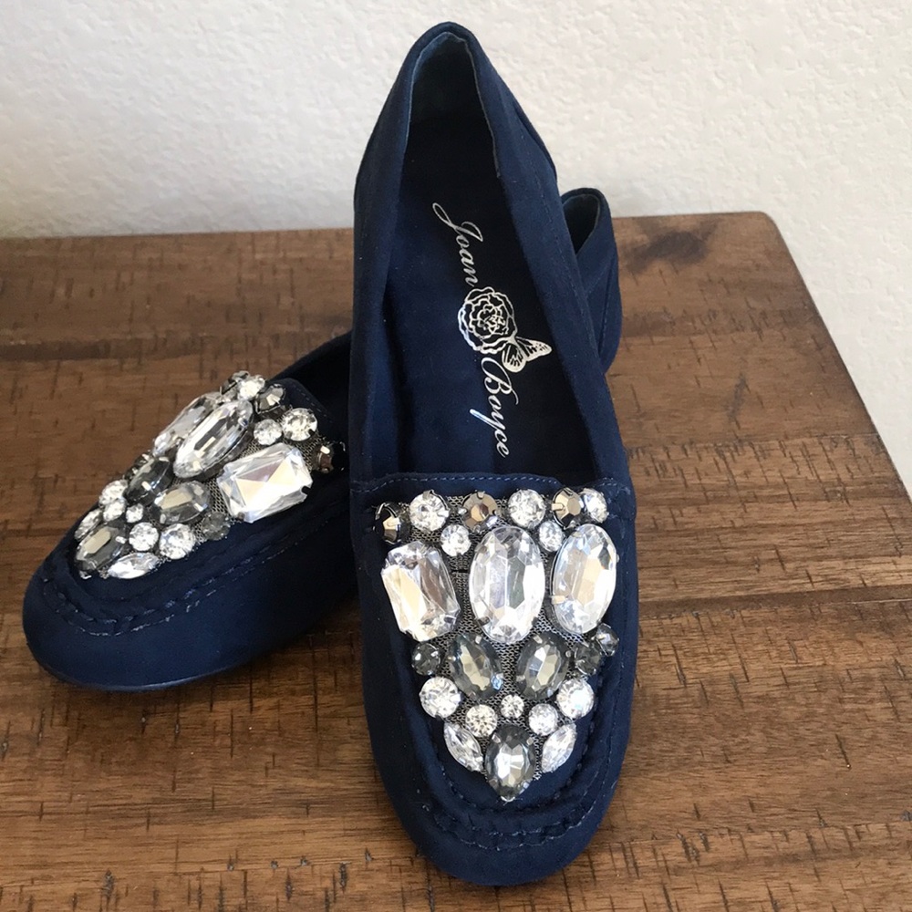 Joan Boyce blue suede rhinestone loafers